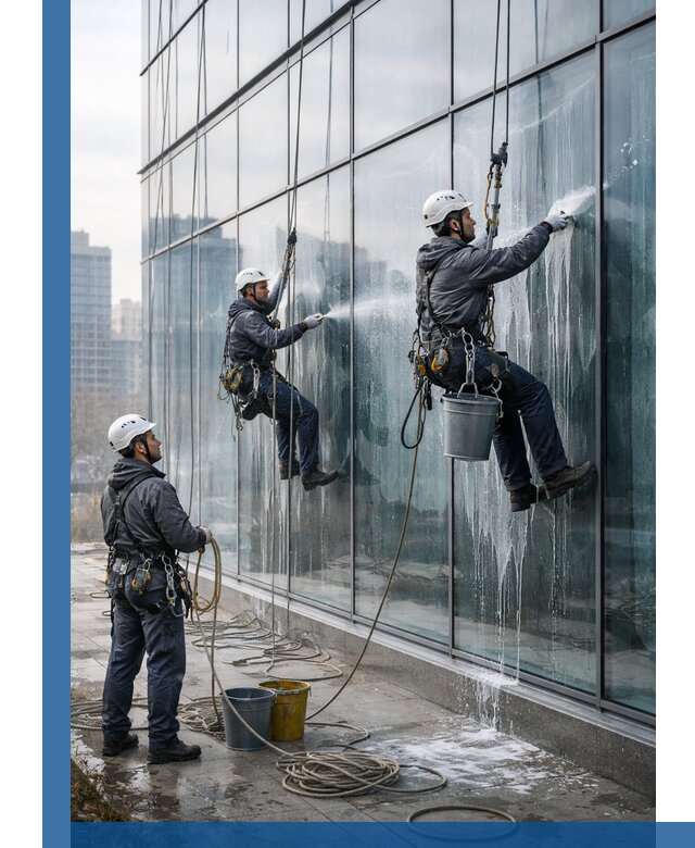 Промышленная мойка панорамных окон на высоте в Воркуте