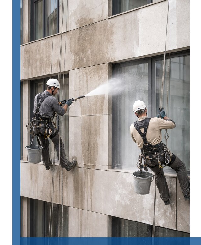 Послестроительная мойка фасада промышленным альпинизмом в Воркуте