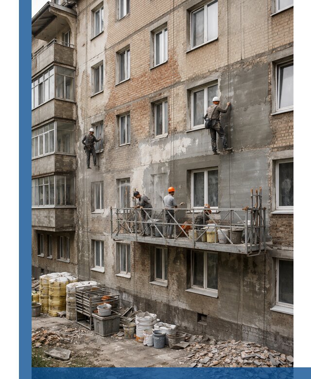 Капитальный ремонт фасада в Воркуте с восстановлением и гидроизоляцией