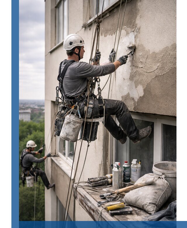 Косметический ремонт фасада зданий в Воркуте промышленными альпинистами