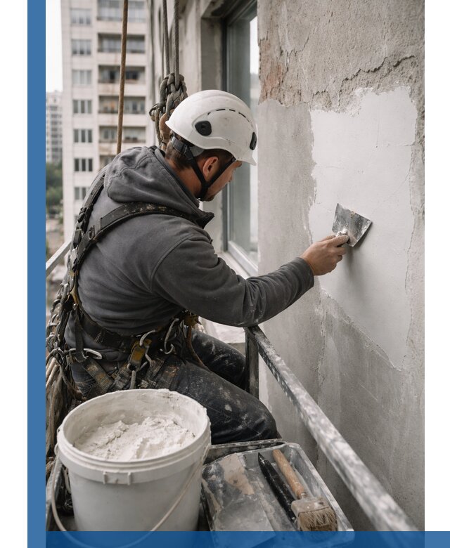 Шпаклевка фасадов на высоте с промальпинистами в Воркуте