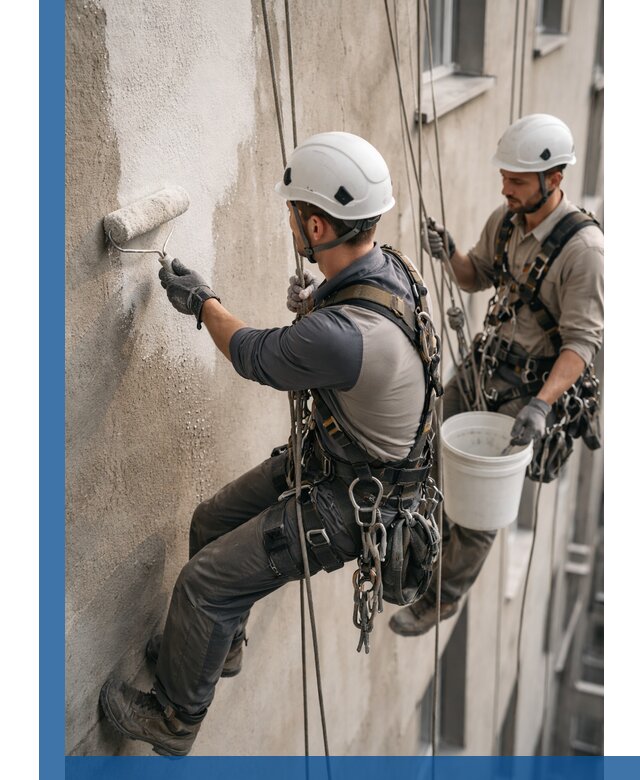 Грунтовка фасада на высоте в Воркуте промышленными альпинистами