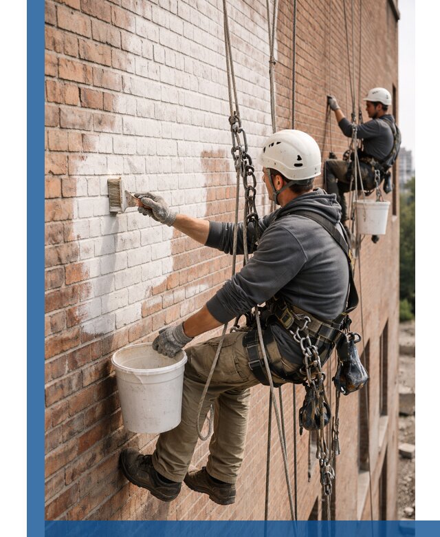 Покраска кирпичного фасада с доступным альпинистским сервисом в Воркуте
