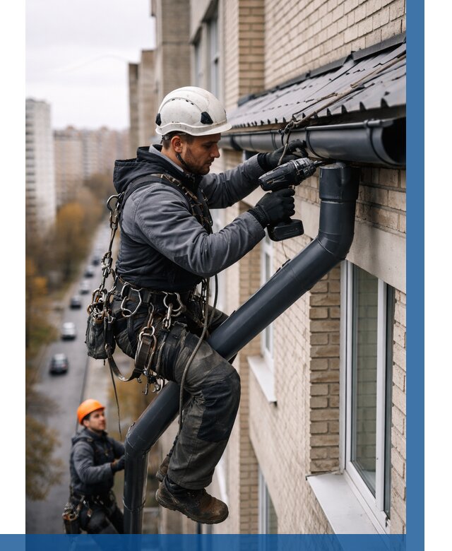 Монтаж водосточной системы на здании в Воркуте от 5141 р. | ВЫСОТНИК-Врк