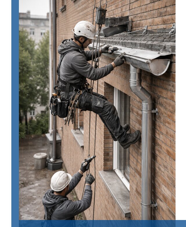 Монтаж водосточной системы на здании в Воркуте под ключ