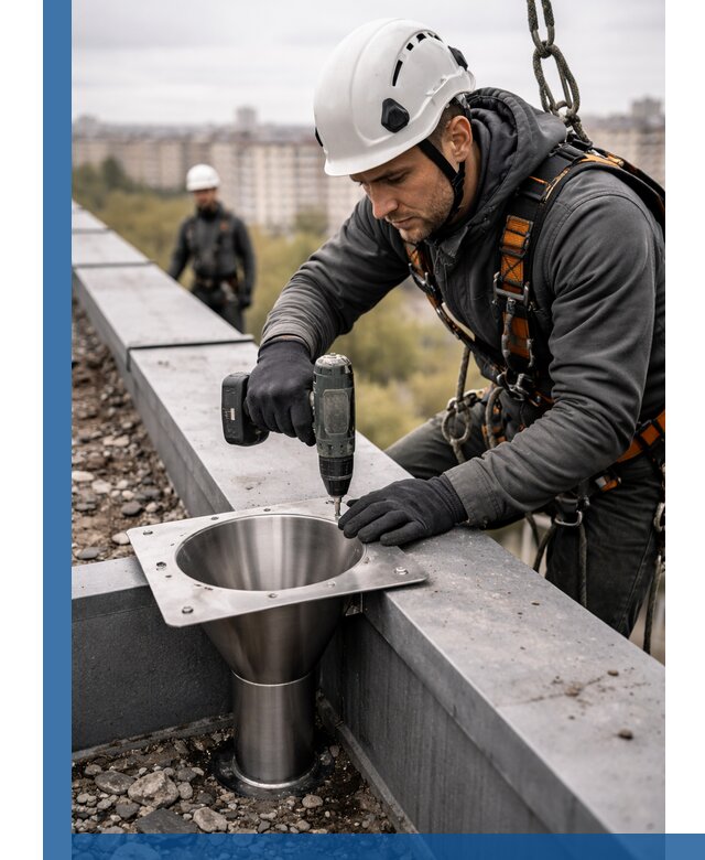 Монтаж водосточных воронок в Воркуте для промышленных зданий