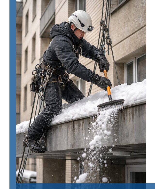 Очистка козырьков от снега в Воркуте круглогодично безопасно