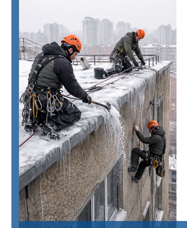 Удаление наледи с кровли в Воркуте промышленными альпинистами
