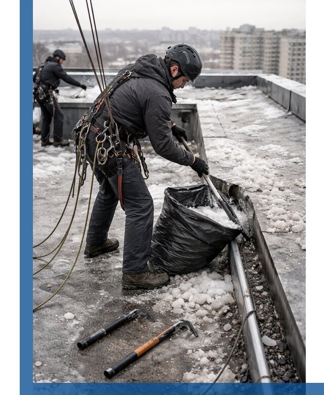 Аварийная очистка кровли в Воркуте от промальпинистов