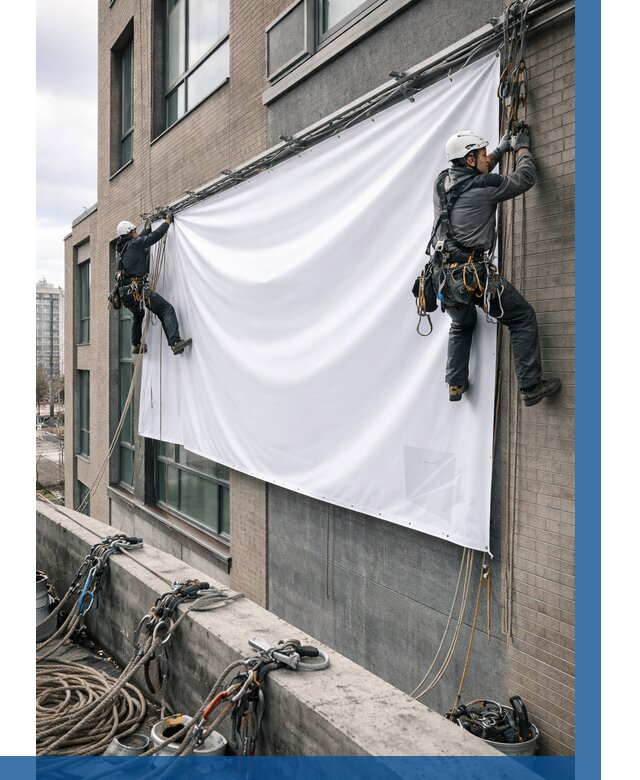 Монтаж баннеров на фасаде в Воркуте от 668 р. заказать ВЫСОТНИК-Врк