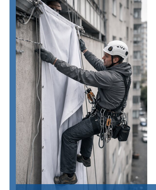 Замена баннерного полотна промышленными альпинистами в Воркуте