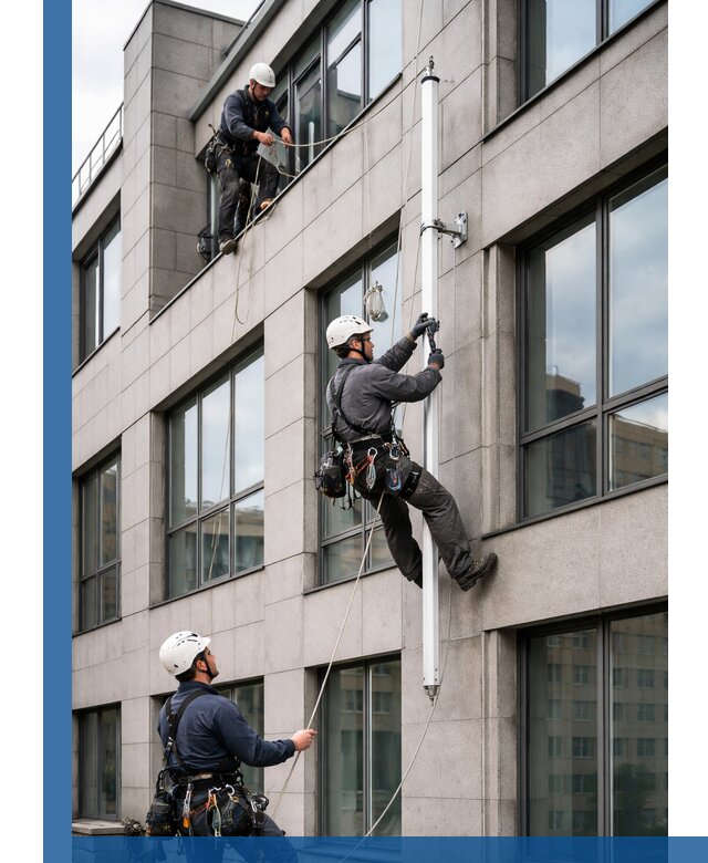 Монтаж флагштока на фасаде здания с креплением и герметикой в Воркуте