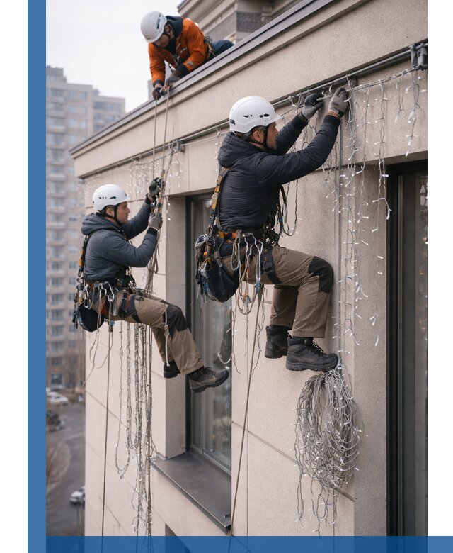 Монтаж праздничных гирлянд на фасаде в Воркуте для зданий