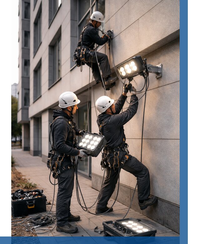 Монтаж прожекторов на фасаде в Воркуте от 7711 р. | ВЫСОТНИК-Врк