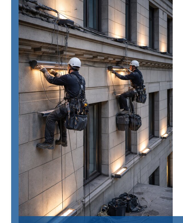 Монтаж архитектурной подсветки фасадов зданий в Воркуте