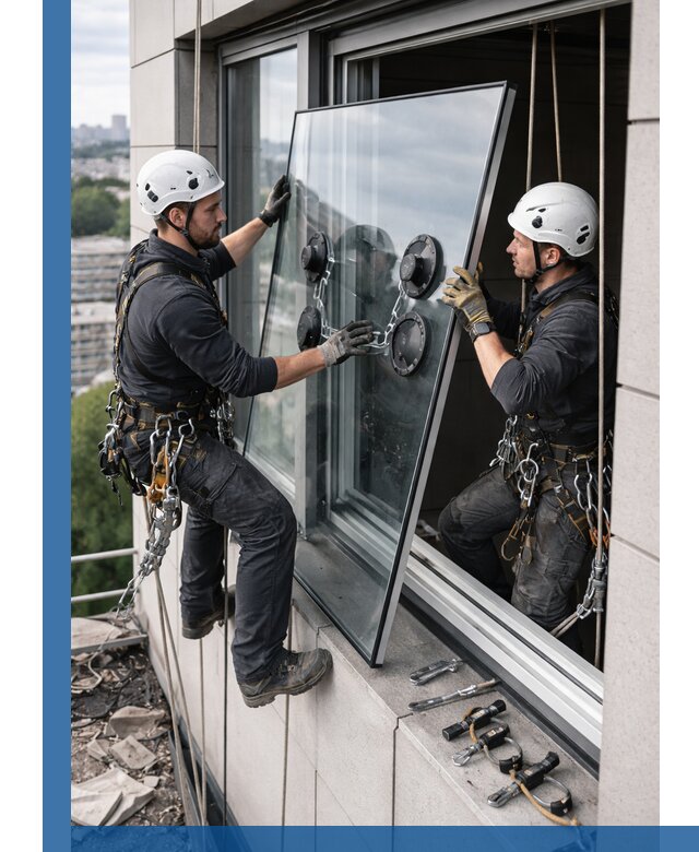 Замена стеклопакетов на высоте с промышленными альпинистами в Воркуте
