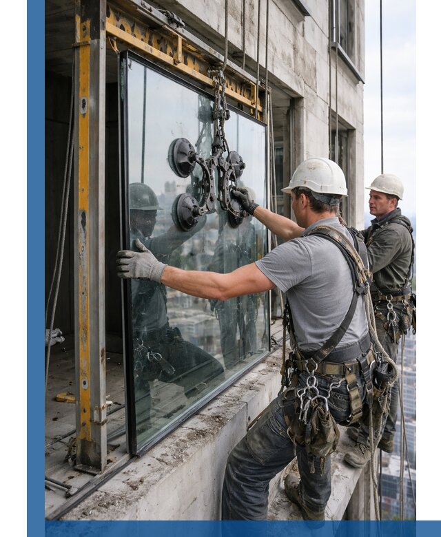 Монтаж стеклопакетов на высоте в Воркуте с промышленным альпинизмом