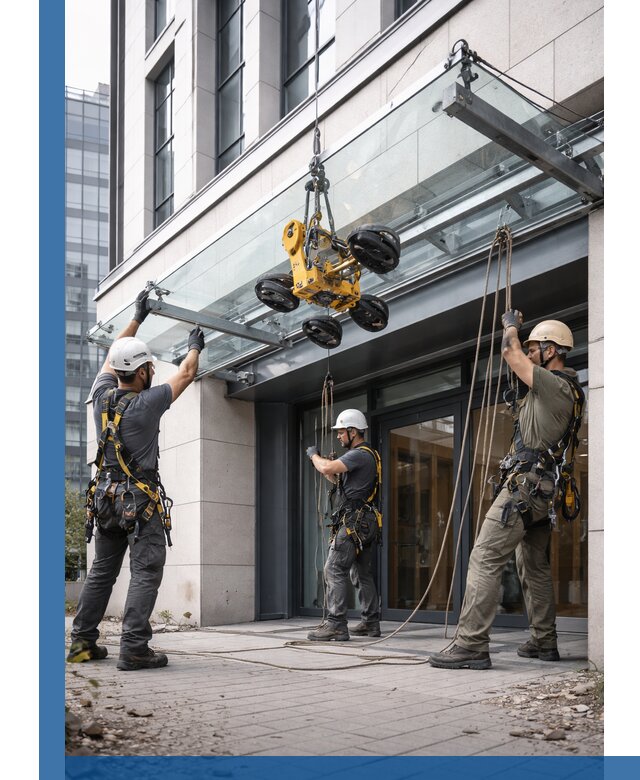 Монтаж стеклянных козырьков под ключ в Воркуте для зданий