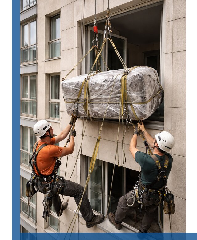 Подъем грузов через окно в Воркуте промышленными альпинистами