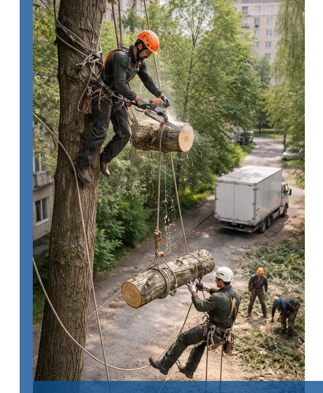Спил деревьев альпинистами в Воркуте, безопасно и без повреждений