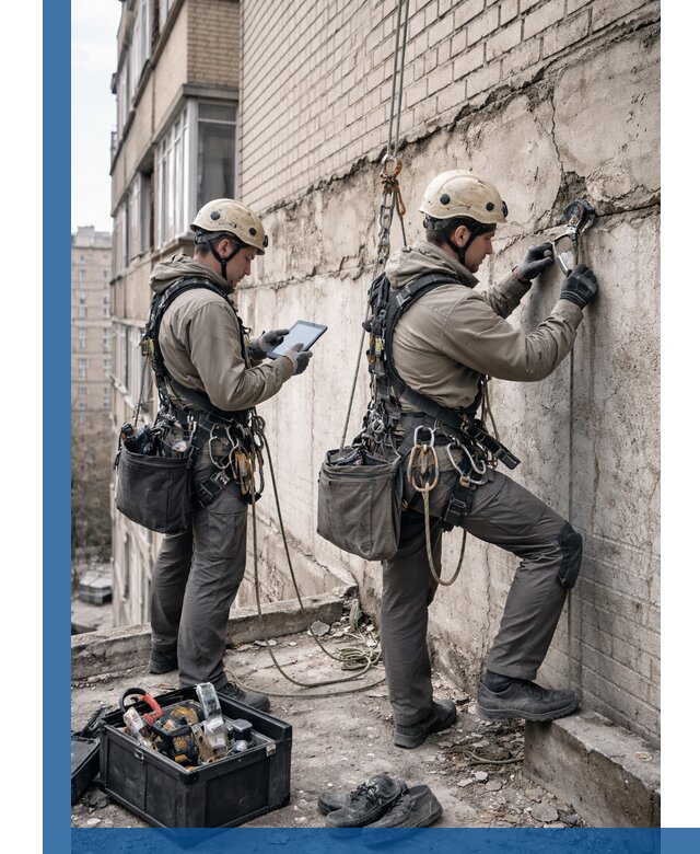 Обследование фасада промышленными альпинистами в Воркуте